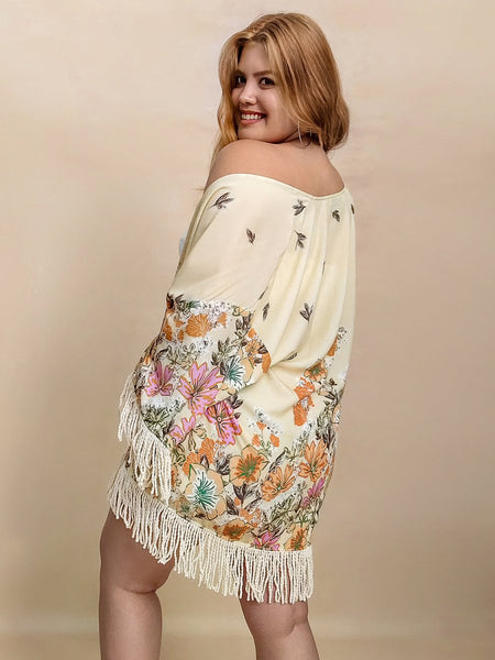 Plus Size Fringe Printed Open Front Cardigan - S. M. & Co.