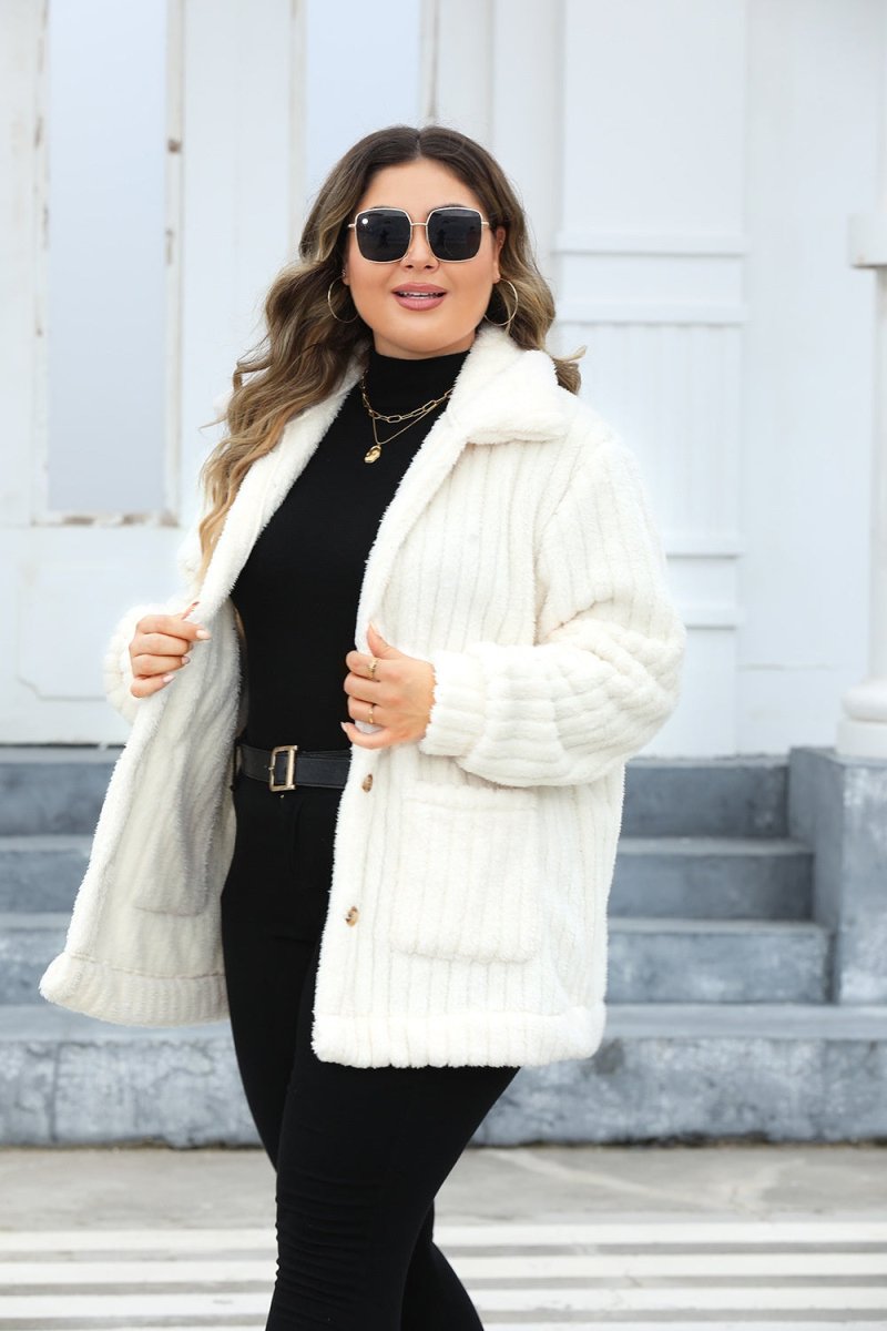 Plus Size Fuzzy Collared Neck Long Sleeve Jacket - S. M. & Co.