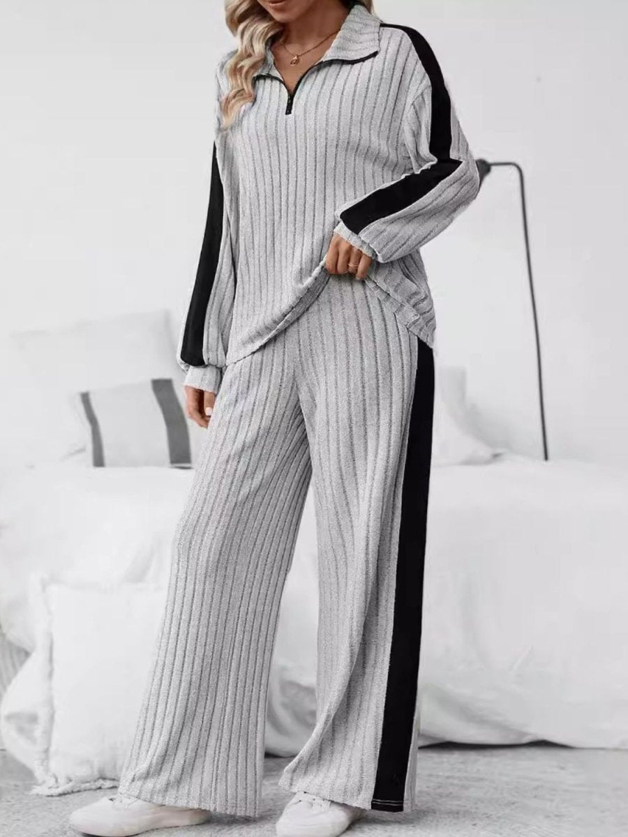 Plus Size Half Zip Long Sleeve Top and Pants Set - S. M. & Co.