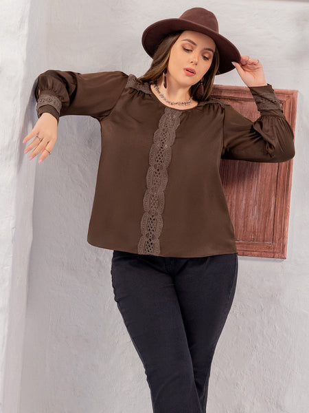 Plus Size Lace Detail Round Neck Long Sleeve Blouse - S. M. & Co.