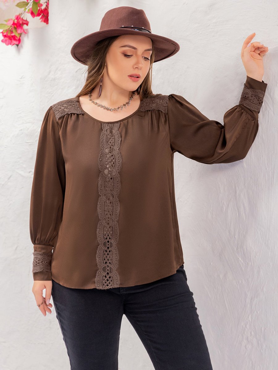 Plus Size Lace Detail Round Neck Long Sleeve Blouse - S. M. & Co.