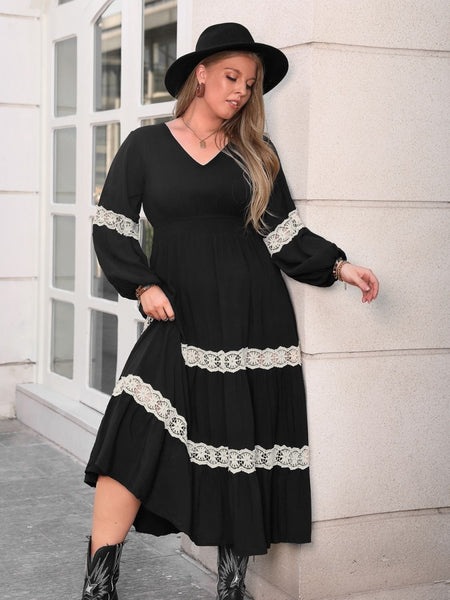 Plus Size Lace Detail V - Neck Long Sleeve Midi Dress - S. M. & Co.