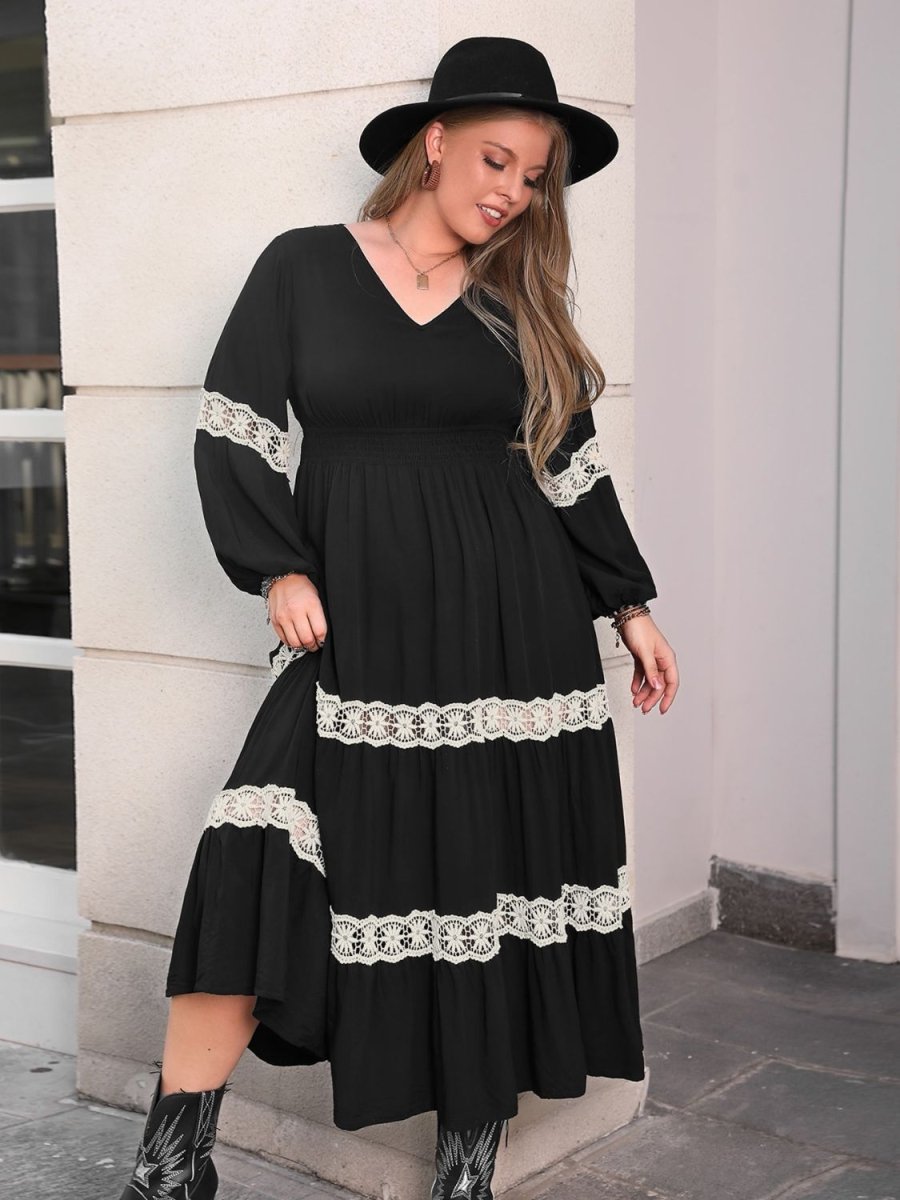 Plus Size Lace Detail V - Neck Long Sleeve Midi Dress - S. M. & Co.