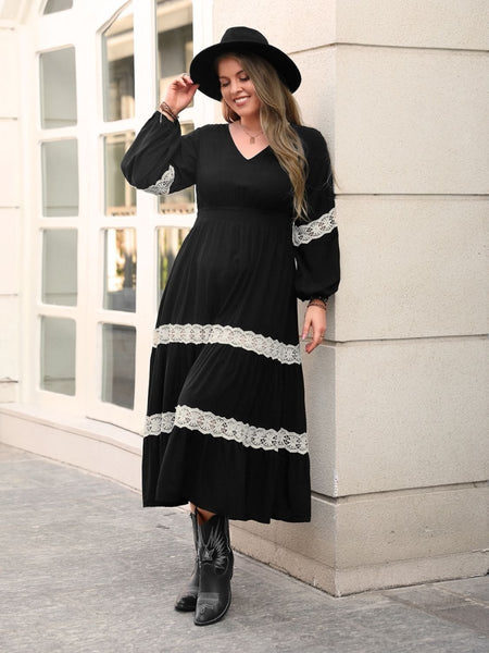 Plus Size Lace Detail V - Neck Long Sleeve Midi Dress - S. M. & Co.