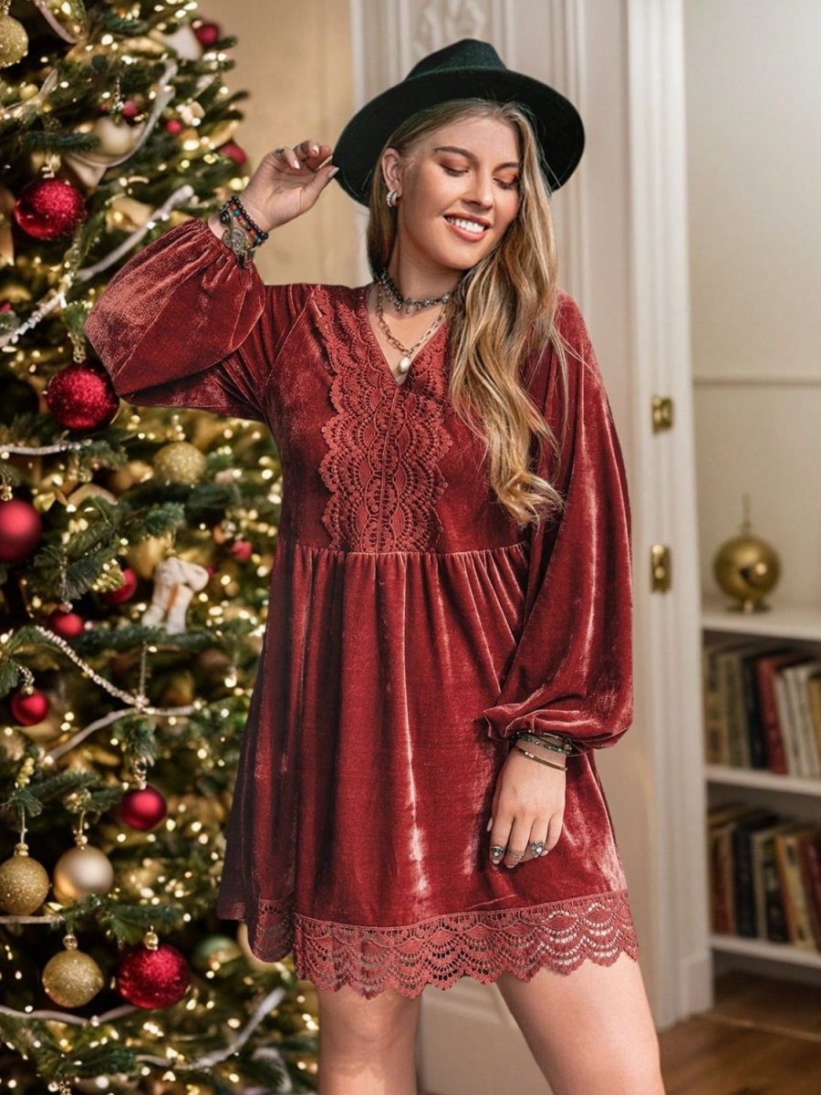 Plus Size Lace Detail V - Neck Long Sleeve Mini Dress - S. M. & Co.