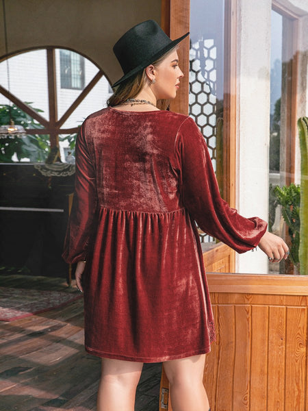 Plus Size Lace Detail V - Neck Long Sleeve Mini Dress - S. M. & Co.