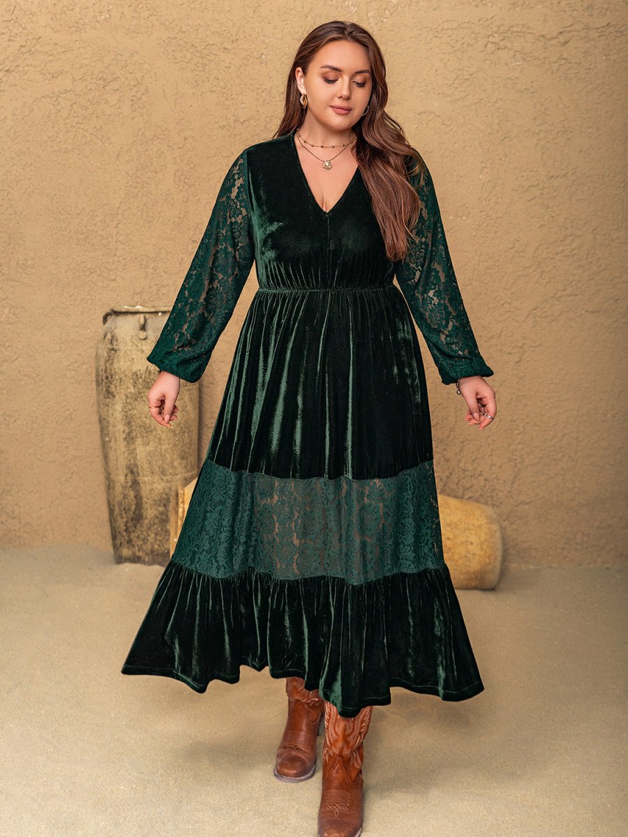 Plus Size Lace Patchwork V - Neck Balloon Sleeve Midi Dress - S. M. & Co.