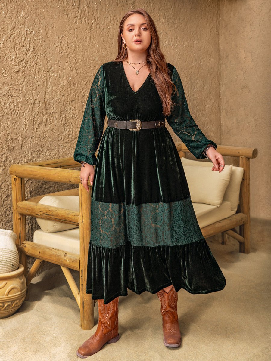 Plus Size Lace Patchwork V - Neck Balloon Sleeve Midi Dress - S. M. & Co.