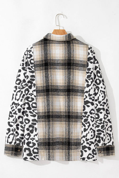 Plus Size Leopard Plaid Button Up Long Sleeve Shacket - S. M. & Co.