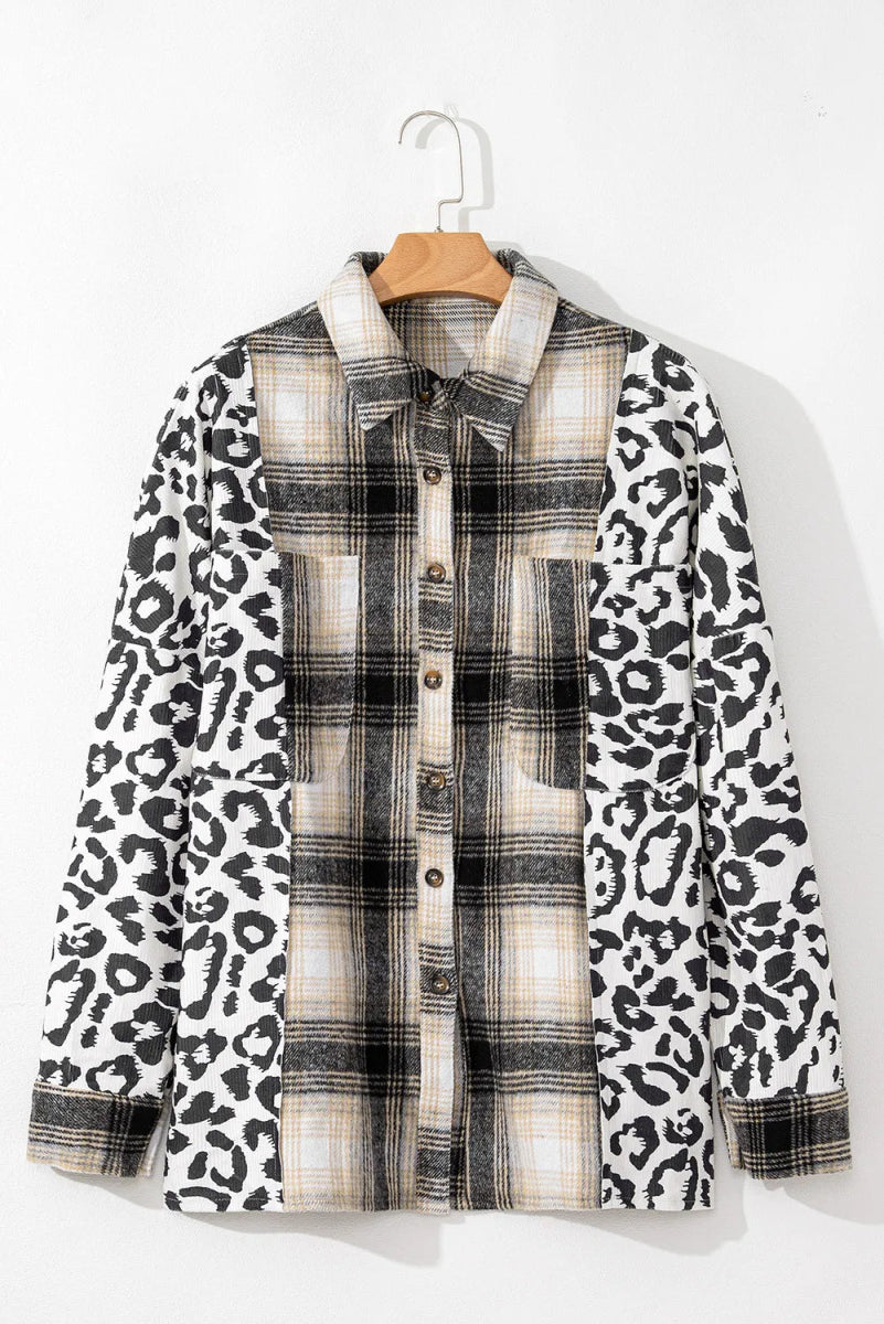 Plus Size Leopard Plaid Button Up Long Sleeve Shacket - S. M. & Co.