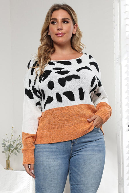 Plus Size Leopard Round Neck Long Sleeve Sweater - S. M. & Co.