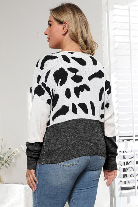 Plus Size Leopard Round Neck Long Sleeve Sweater - S. M. & Co.