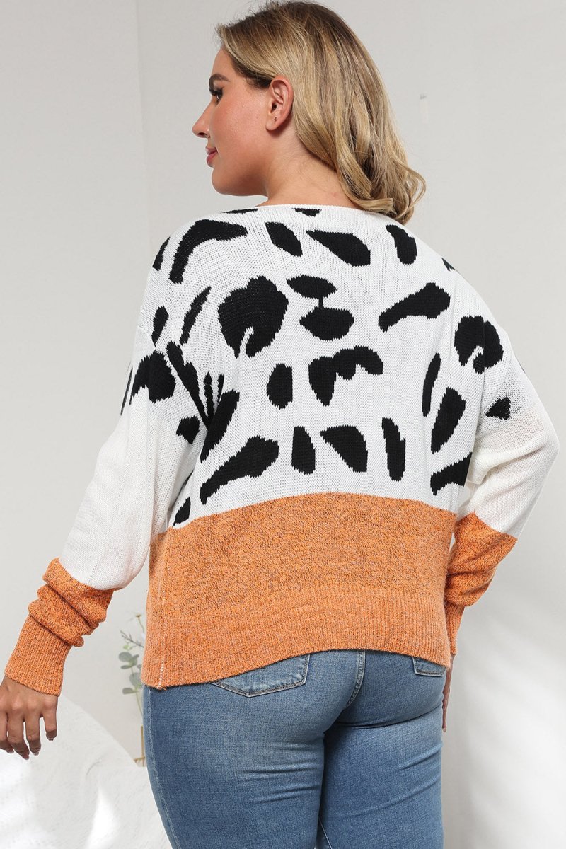 Plus Size Leopard Round Neck Long Sleeve Sweater - S. M. & Co.