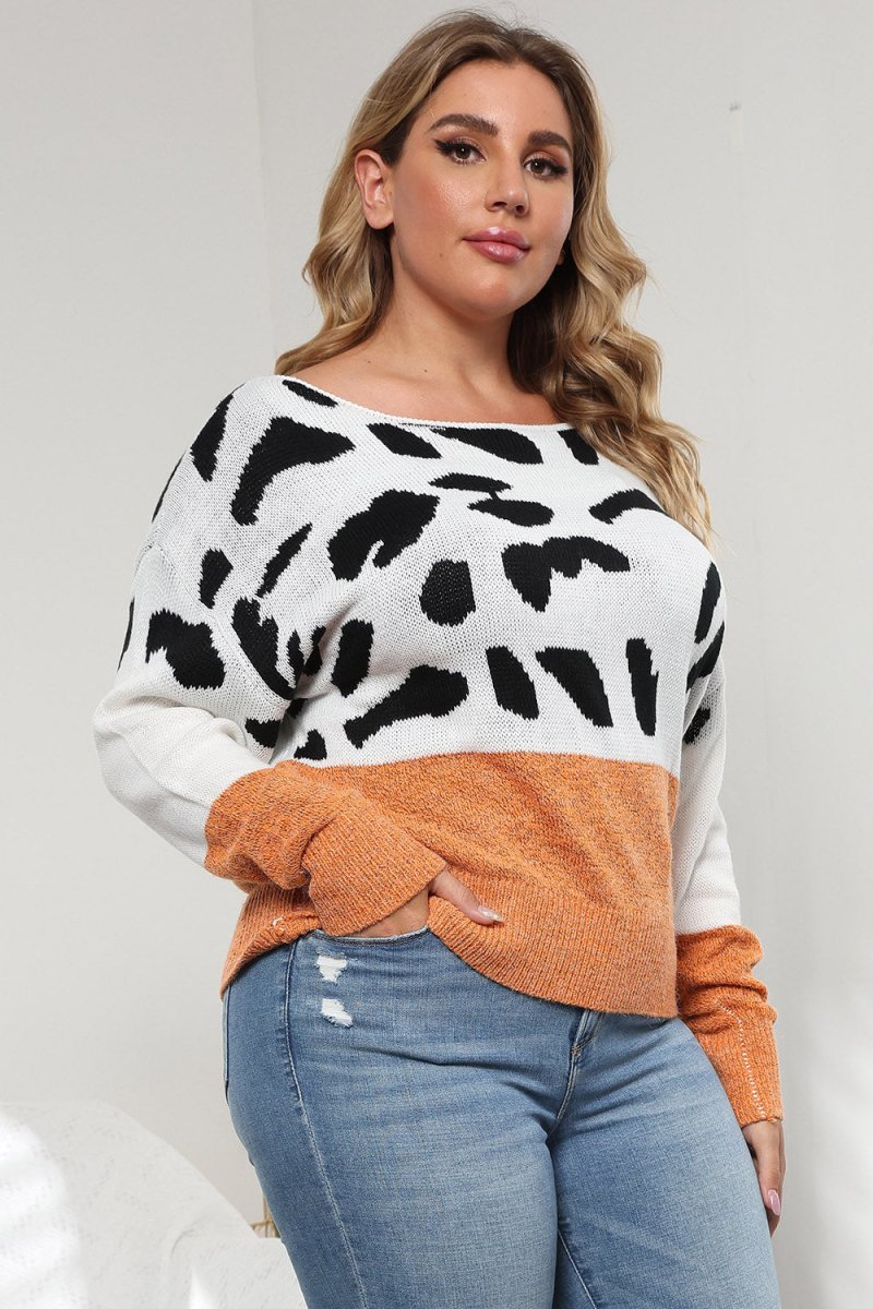 Plus Size Leopard Round Neck Long Sleeve Sweater - S. M. & Co.