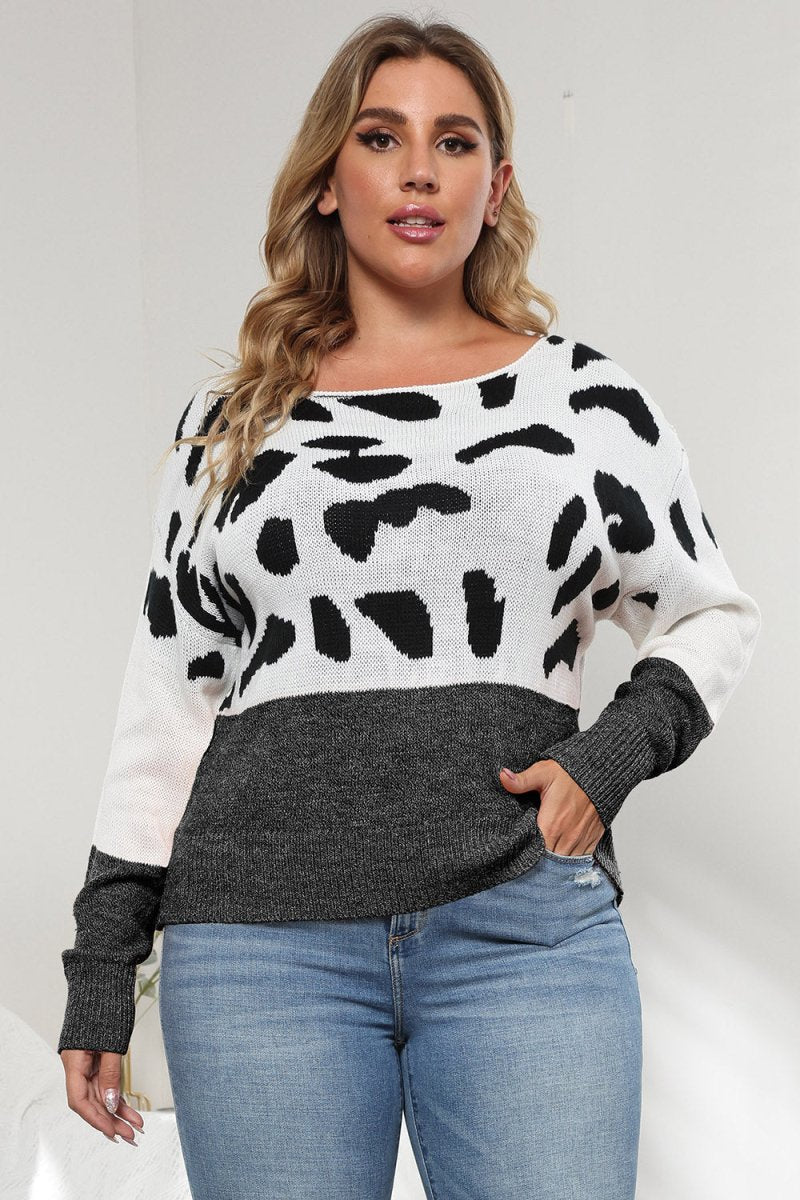 Plus Size Leopard Round Neck Long Sleeve Sweater - S. M. & Co.