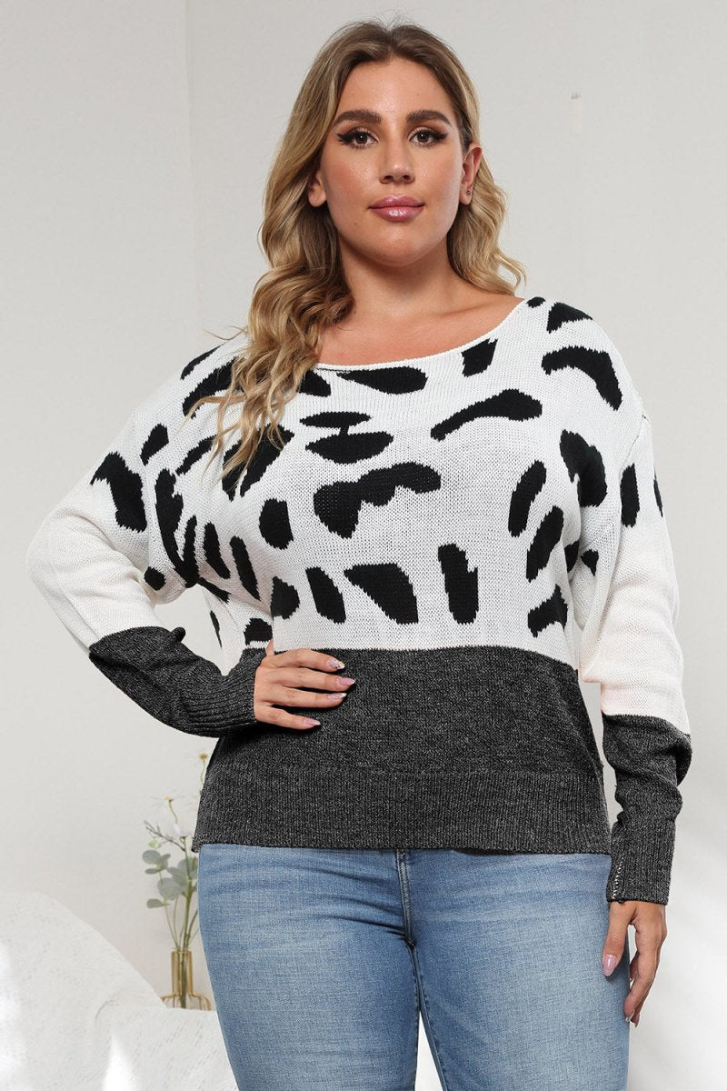 Plus Size Leopard Round Neck Long Sleeve Sweater - S. M. & Co.