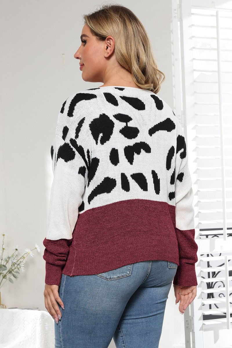 Plus Size Leopard Round Neck Long Sleeve Sweater - S. M. & Co.