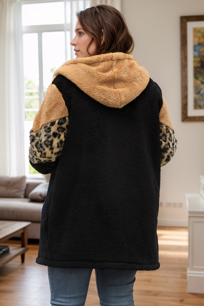 Plus Size Leopard Zip Up Hooded Outerwear - S. M. & Co.