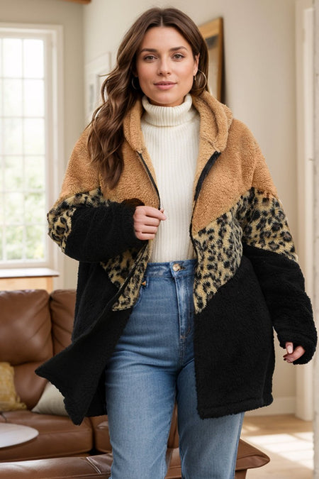 Plus Size Leopard Zip Up Hooded Outerwear - S. M. & Co.