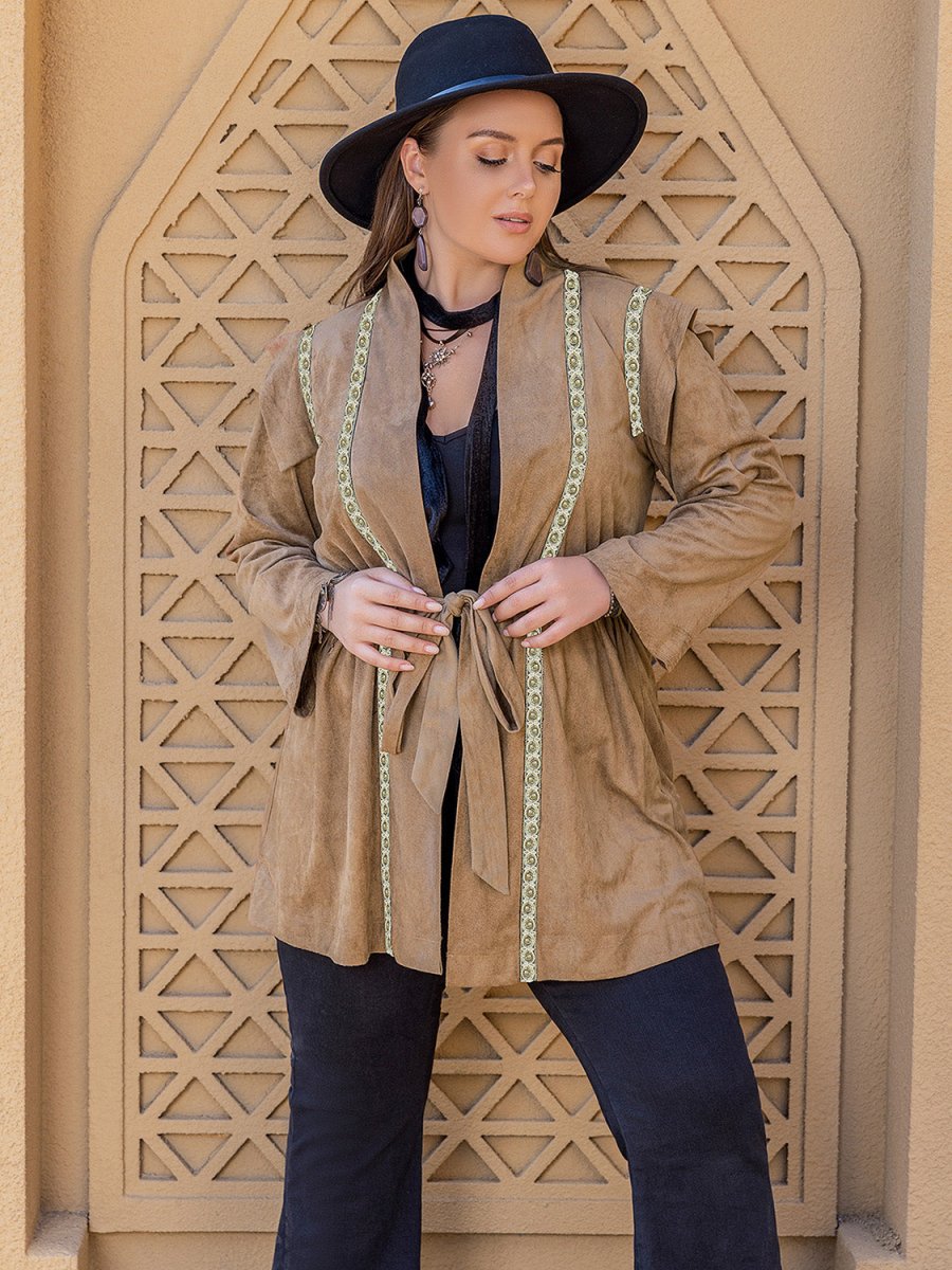 Plus Size Long Sleeve Tie Waist Cardigan - S. M. & Co.