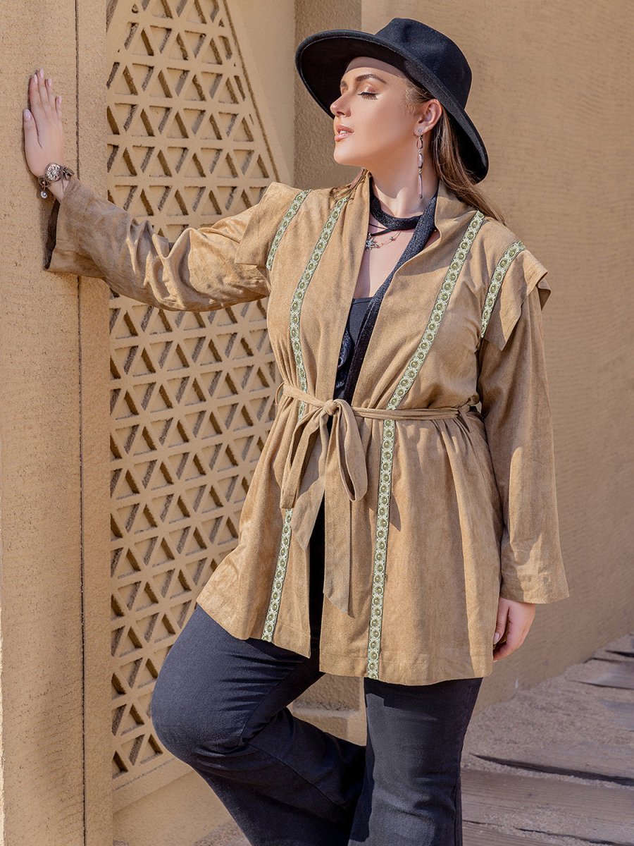 Plus Size Long Sleeve Tie Waist Cardigan - S. M. & Co.