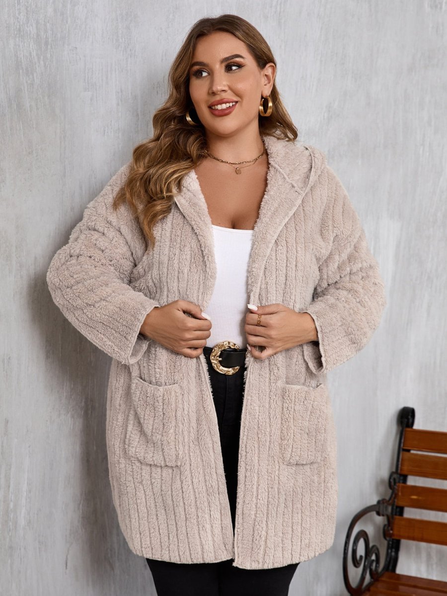 Plus Size Open Front Long Sleeve Hooded Fuzzy Jacket - S. M. & Co.