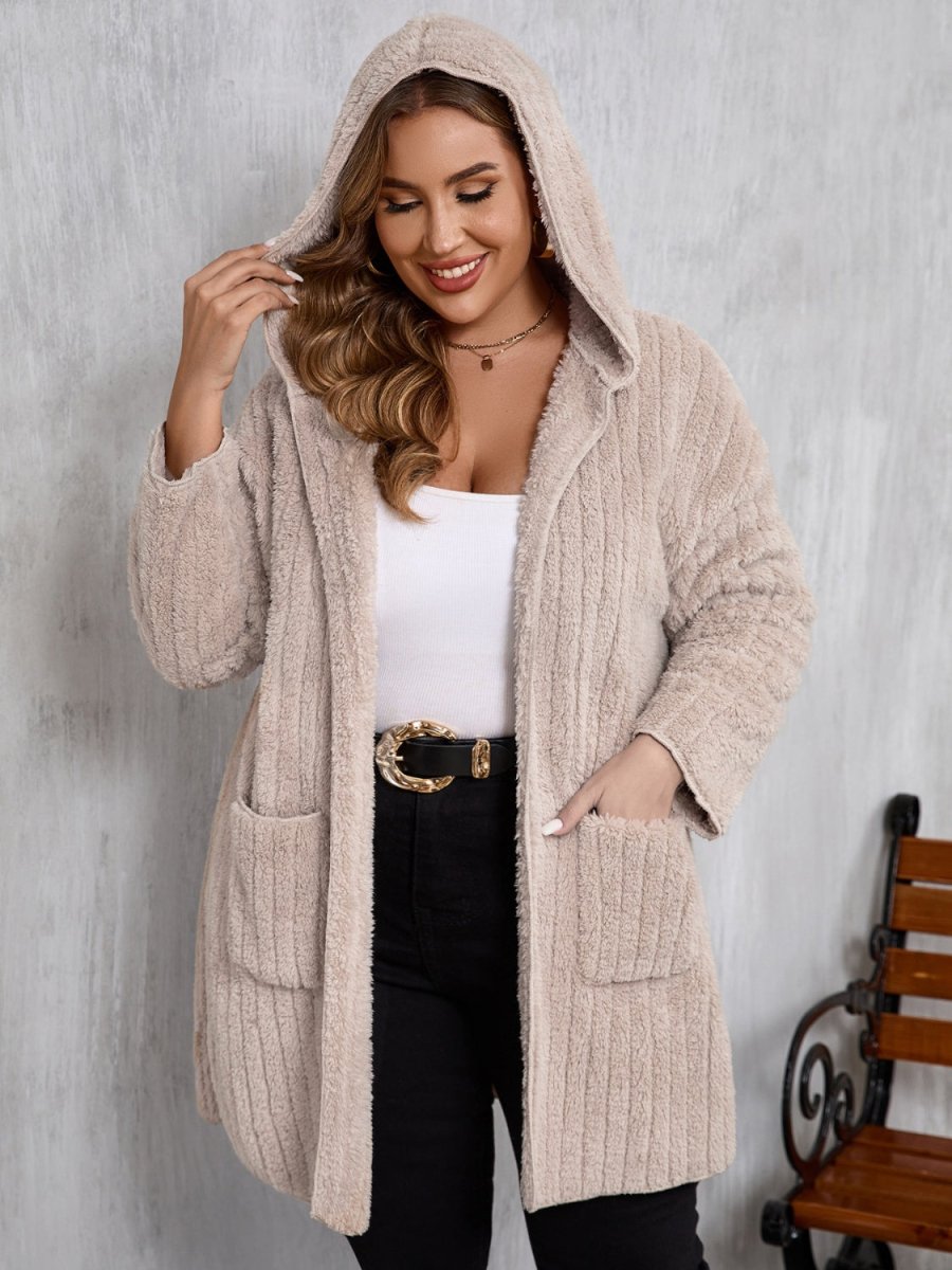 Plus Size Open Front Long Sleeve Hooded Fuzzy Jacket - S. M. & Co.