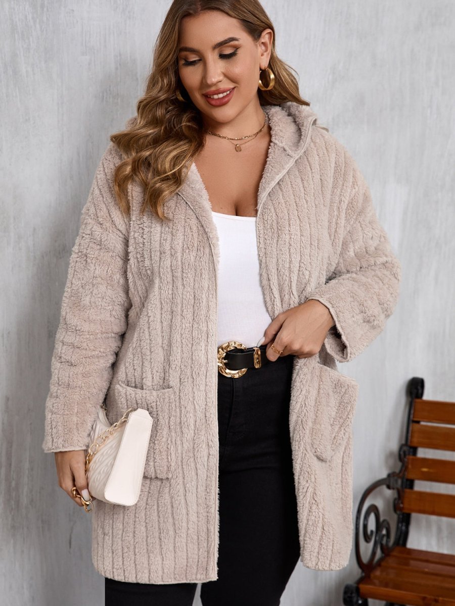 Plus Size Open Front Long Sleeve Hooded Fuzzy Jacket - S. M. & Co.