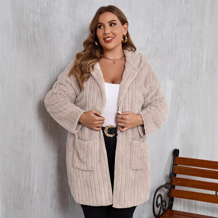 Plus Size Open Front Long Sleeve Hooded Fuzzy Jacket - S. M. & Co.