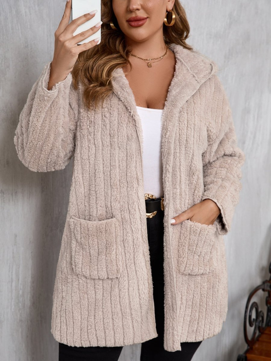 Plus Size Open Front Long Sleeve Hooded Fuzzy Jacket - S. M. & Co.