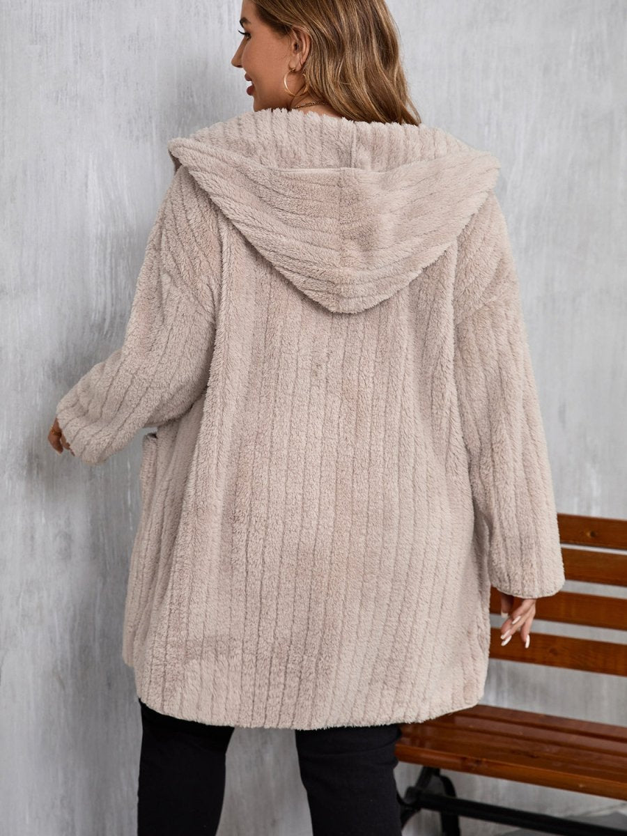 Plus Size Open Front Long Sleeve Hooded Fuzzy Jacket - S. M. & Co.