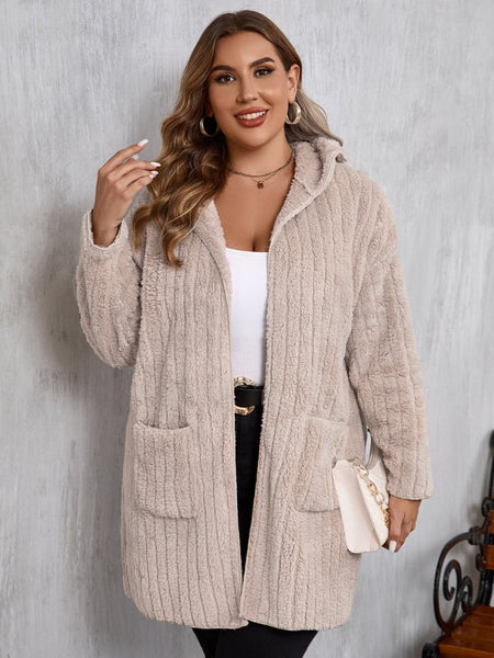 Plus Size Open Front Long Sleeve Hooded Fuzzy Jacket - S. M. & Co.