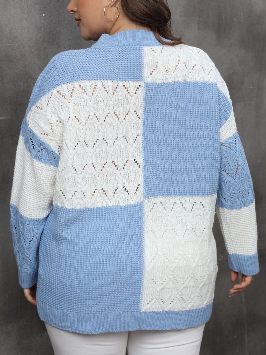 Plus Size Openwork Color Block Long Sleeve Sweater - S. M. & Co.