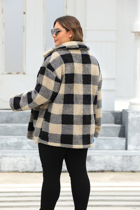 Plus Size Plaid Button Up Long Sleeve Coat - S. M. & Co.