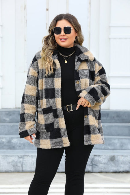 Plus Size Plaid Button Up Long Sleeve Coat - S. M. & Co.