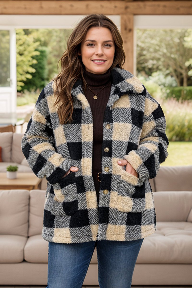 Plus Size Plaid Button Up Long Sleeve Coat - S. M. & Co.