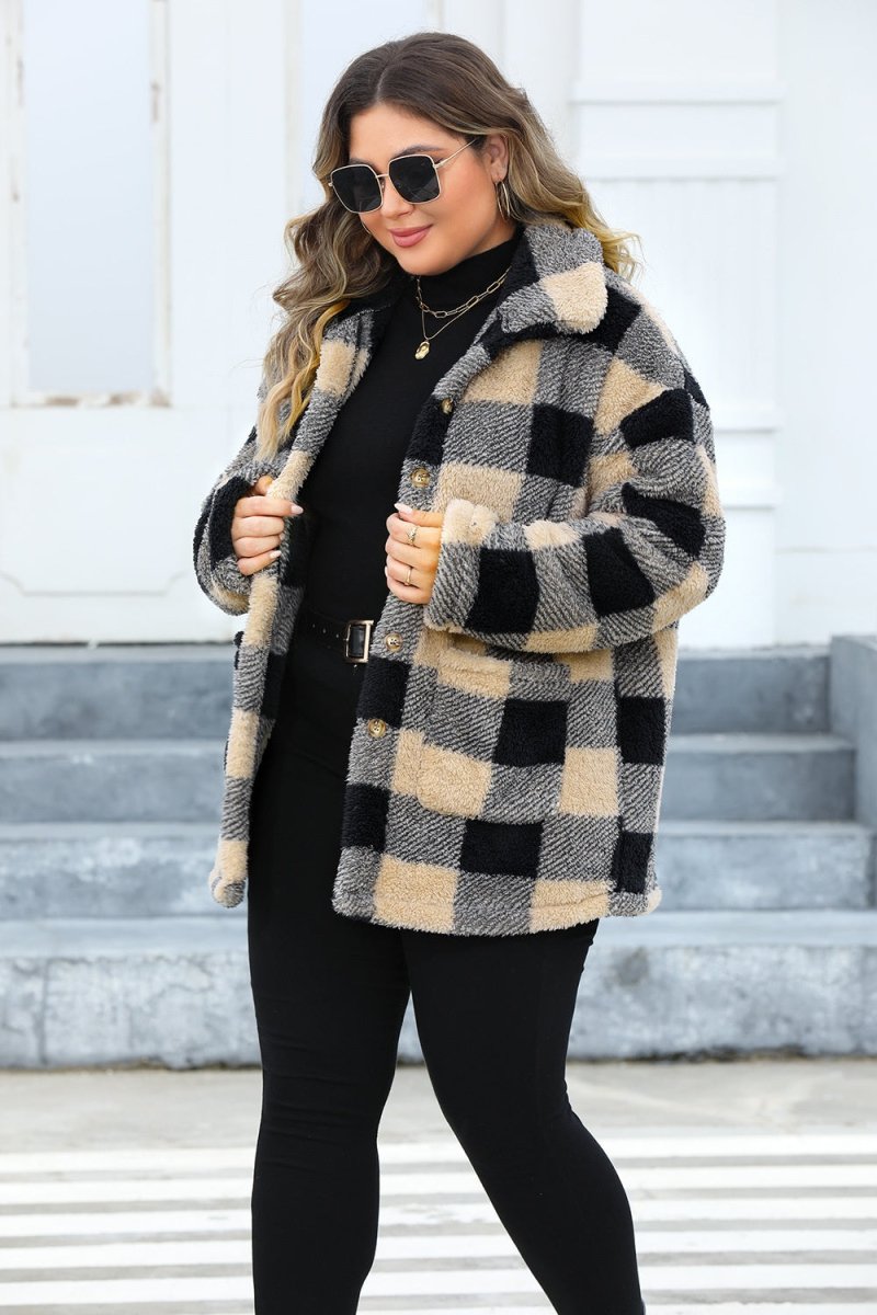 Plus Size Plaid Button Up Long Sleeve Coat - S. M. & Co.