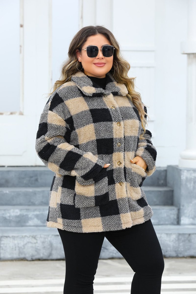 Plus Size Plaid Button Up Long Sleeve Coat - S. M. & Co.