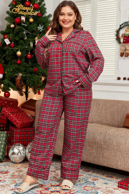 Plus Size Plaid Collared Neck Top and Pants Lounge Set - S. M. & Co.