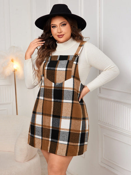 Plus Size Plaid Wide Strap Overall Dress - S. M. & Co.