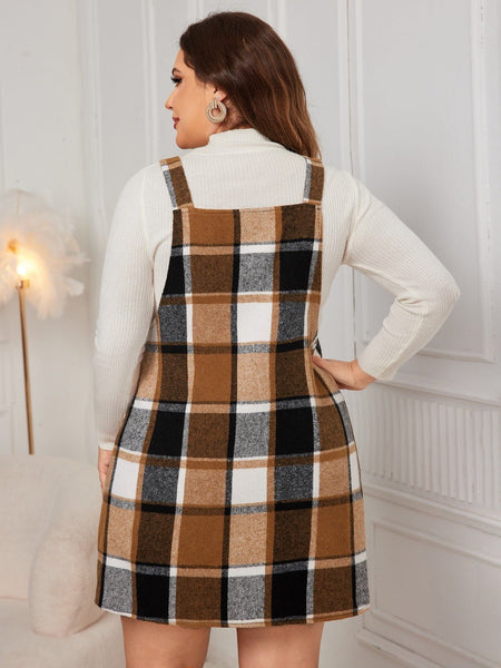 Plus Size Plaid Wide Strap Overall Dress - S. M. & Co.