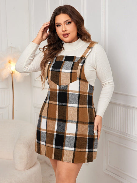 Plus Size Plaid Wide Strap Overall Dress - S. M. & Co.