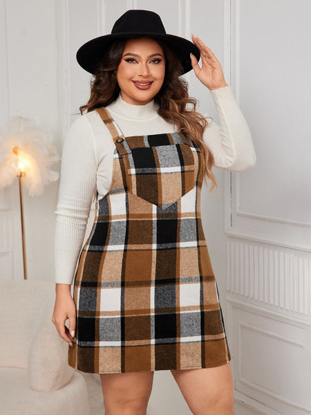 Plus Size Plaid Wide Strap Overall Dress - S. M. & Co.