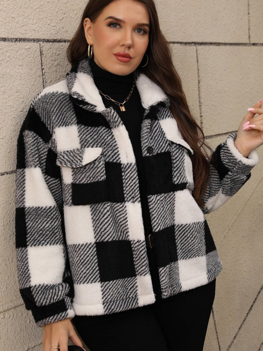 Plus Size Pocketed Plaid Collared Neck Jacket - S. M. & Co.