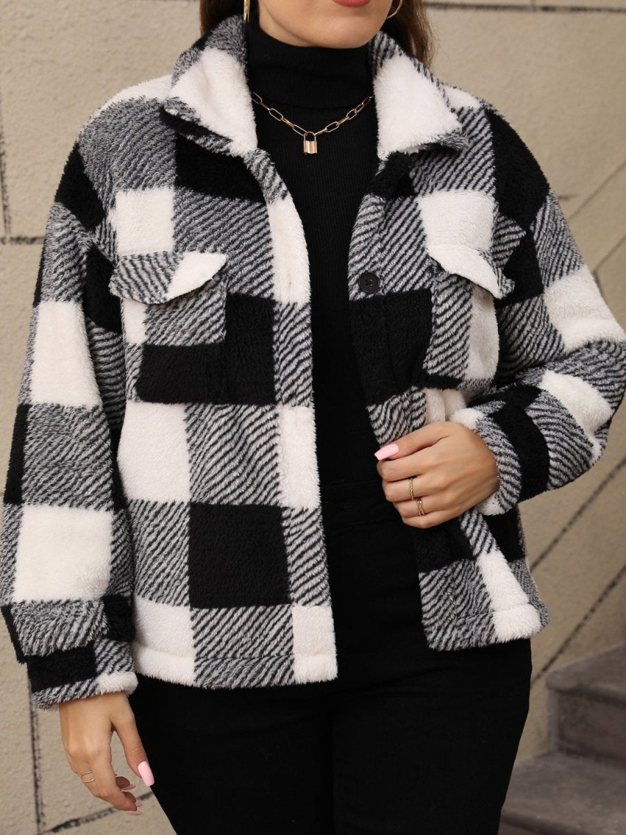 Plus Size Pocketed Plaid Collared Neck Jacket - S. M. & Co.