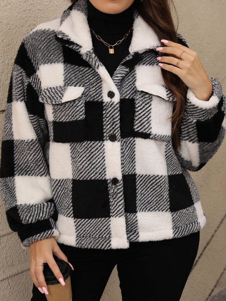 Plus Size Pocketed Plaid Collared Neck Jacket - S. M. & Co.