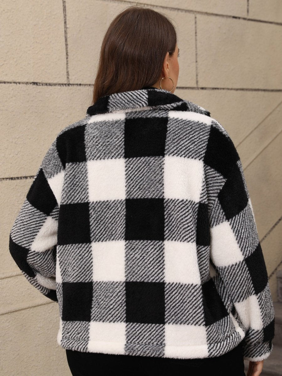 Plus Size Pocketed Plaid Collared Neck Jacket - S. M. & Co.