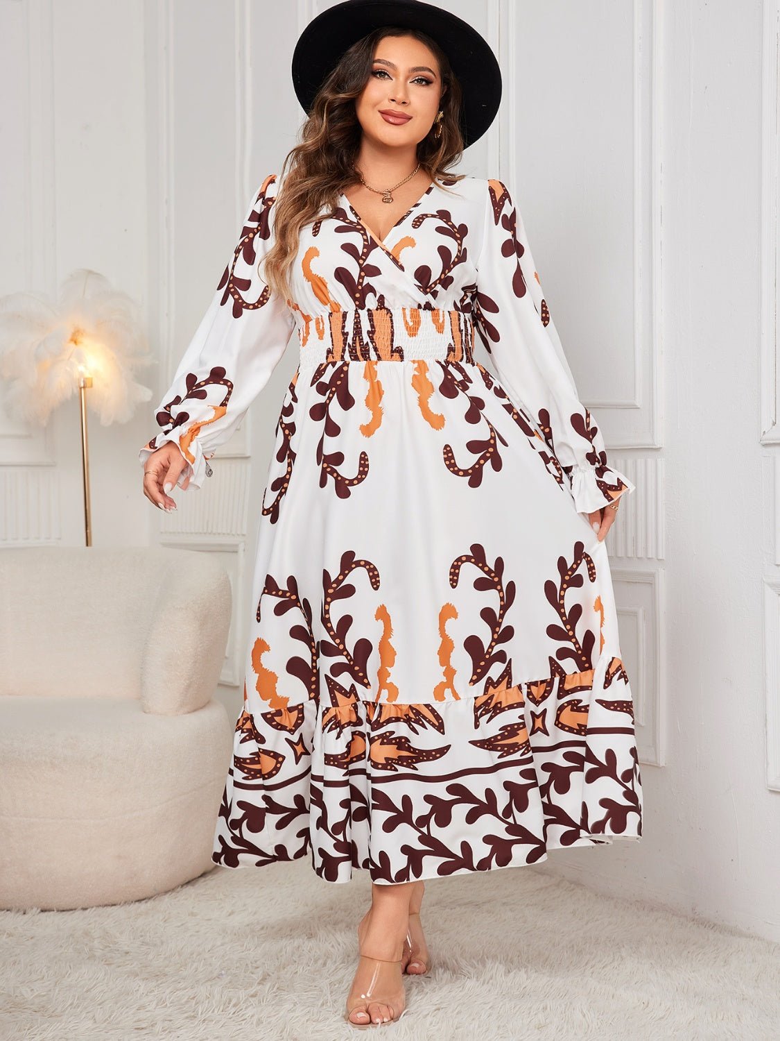 Plus Size Printed Surplice Flounce Sleeve Dress - S. M. & Co.