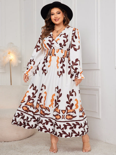 Plus Size Printed Surplice Flounce Sleeve Dress - S. M. & Co.