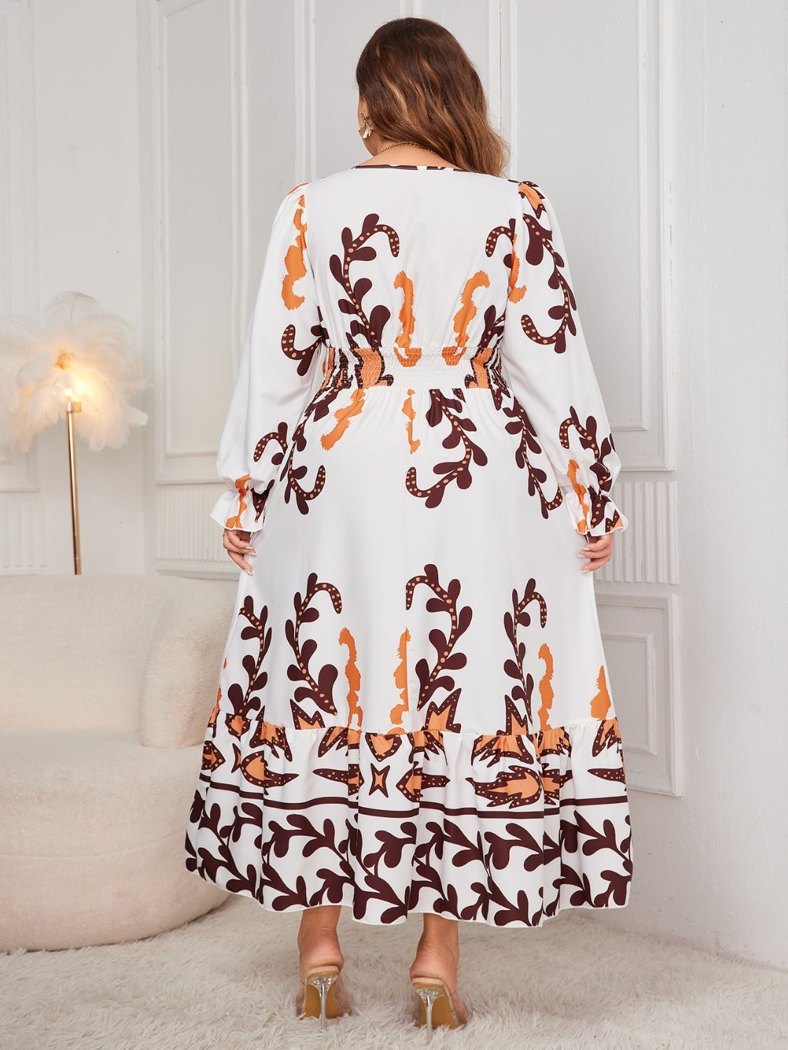 Plus Size Printed Surplice Flounce Sleeve Dress - S. M. & Co.